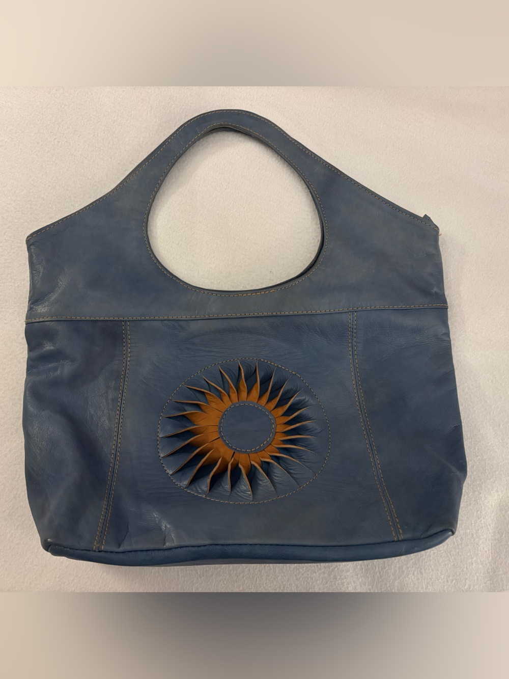 Blue Leather Tote with Sunburst Accent